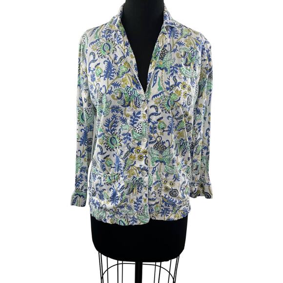 ROLLER RABBIT Blue Green White Print Long Sleeve Cotton Button Up Shirt XS - Picture 1 of 10